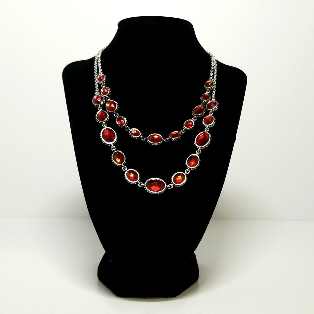 Vintage Napier Stamped Womens Layered Princess Diana Faux Ruby Gemstone Necklace